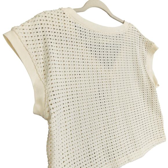 Madewell Womens Knit Mesh V Neck Crop Tee Size Medium Cream Boxy Open Weave Boho - Picture 5 of 10